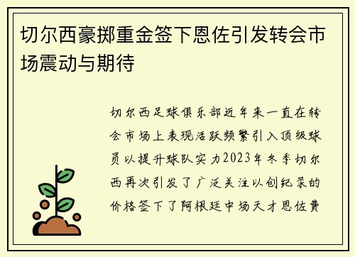 切尔西豪掷重金签下恩佐引发转会市场震动与期待